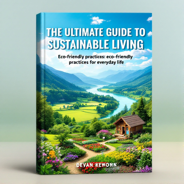 A serene nature scene with a panoramic view of a lush green landscape, a clear blue sky, and a flowing river. In the foreground, there is a small wooden cabin surrounded by blooming flowers and a vegetable garden. The scene evokes a sense of peace and harmony with nature.