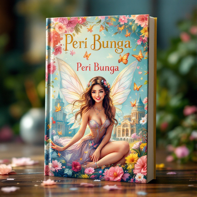 The cover features a beautiful illustration of a fairy surrounded by flowers and butterflies. The fairy is shown in a joyful and happy pose, with vibrant colors emanating from her. The background showcases a majestic palace with ornate details and blooming flowers.