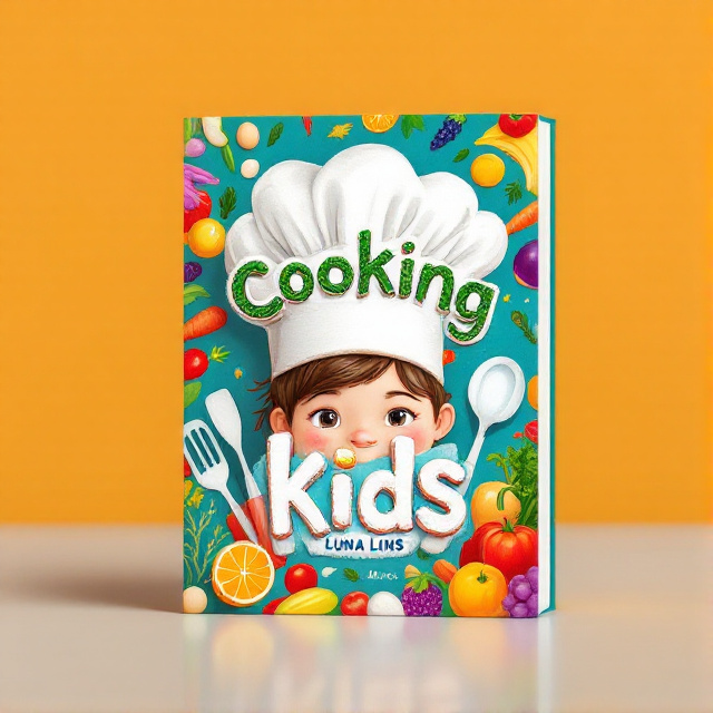 The cover features a colorful and playful illustration of a chef hat and cooking utensils, with a smiling child's face peeking out from behind the hat. The background is a vibrant pattern of fruits and vegetables.