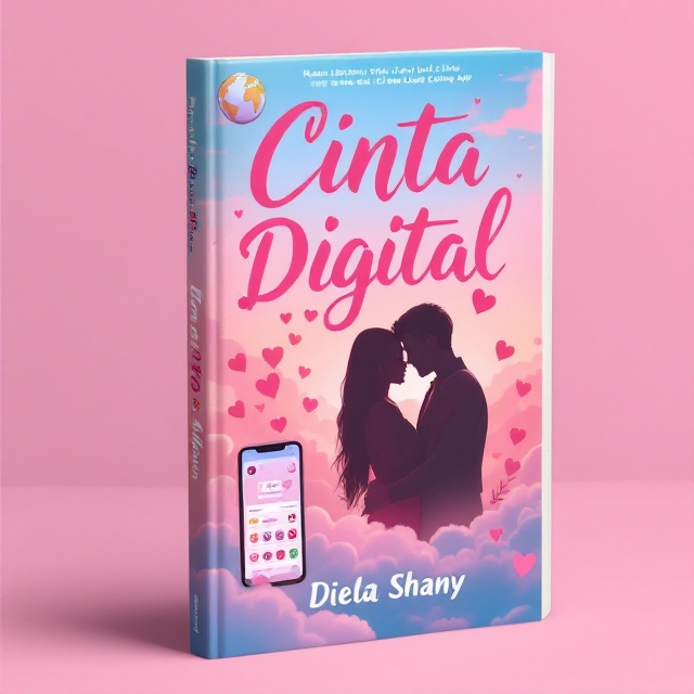 The cover features a romantic couple embracing each other against a backdrop of a pink and blue sky. The couple is surrounded by floating hearts and a love sign. In the foreground, there is a phone displaying a dating app interface. On the top left corner, there is a globe with flags of different countries, symbolizing the long-distance aspect of the story.