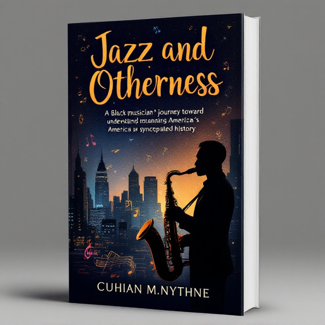 The cover features a powerful image of a Black musician playing a saxophone against a backdrop of a cityscape at night, with subtle hints of musical notes and instruments intertwined. The musician's silhouette is highlighted, capturing the essence of jazz and the journey towards understanding America's syncopated history.