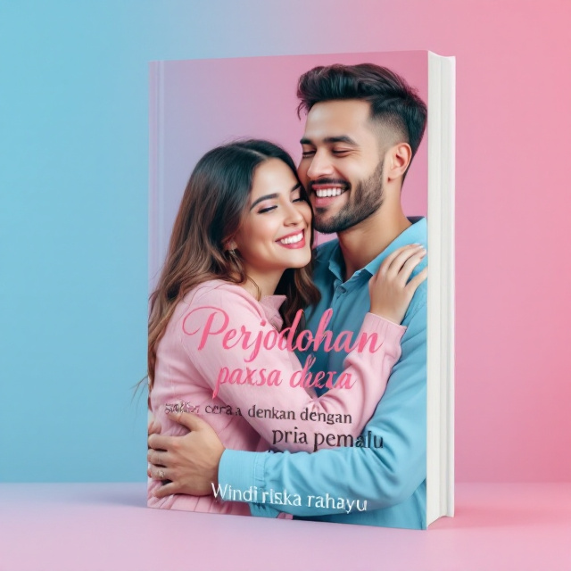 A close-up shot of a smiling couple in an embrace, with the woman looking joyful and the man looking shy. The background is a gradient of pink and blue, representing the romance genre and the contrasting personalities of the characters.