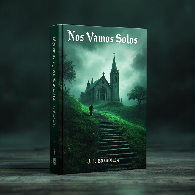A misty green hill with a lonely church at the top. A man is seen walking up the stairs towards the church. The atmosphere is somber and mysterious, with hints of sadness and melancholy.