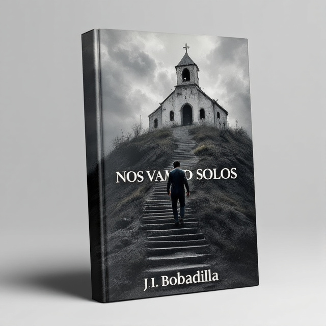 The cover features a desolate hilltop with a rundown church at the top. A man is seen climbing the stairs towards the church, his posture displaying nervousness and mystery. The color palette is predominantly grey, evoking a sense of sadness and melancholy.