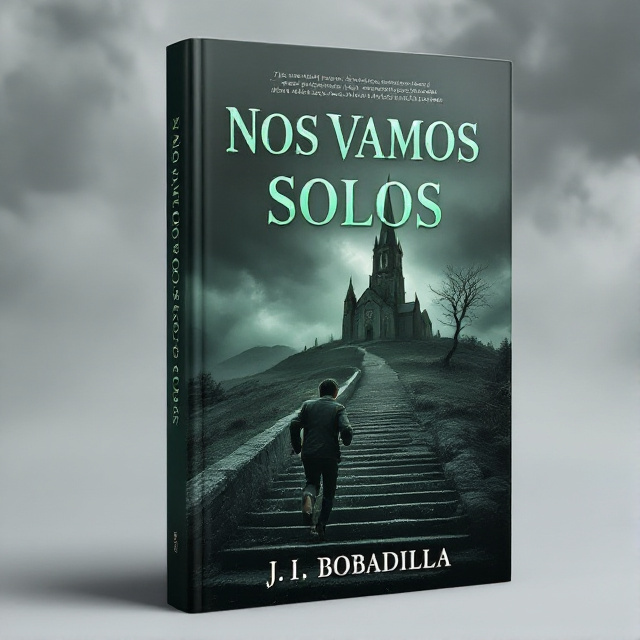 The cover features a grey, gloomy day with dark clouds overhead. In the foreground, a man is shown running up a set of stone stairs leading to a mysterious church on top of a hill. The man is depicted with a sense of urgency and nervousness in his body language. The church stands tall and imposing, creating a sense of mystery and unease.