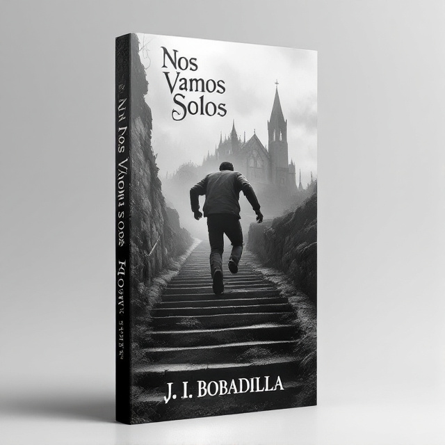The cover features a grey-toned image of a man running up a set of stairs towards a church on a hill. The man appears distressed and anxious, adding to the sense of mystery and suspense. The overall mood of the cover is melancholic and eerie.