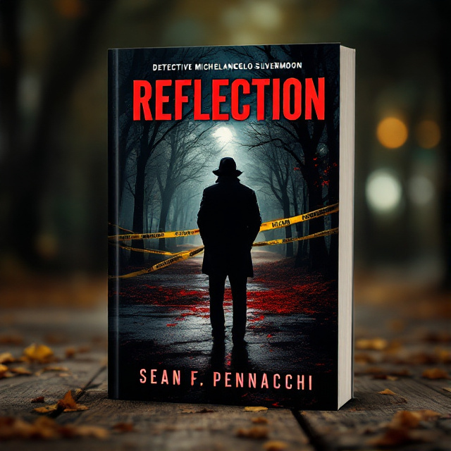 The central image showcases a silhouette of Detective Michelangelo Silvermoon standing in a park with police crime tape. The image is set against a dark background with a hint of red highlighting the crime scene setting.