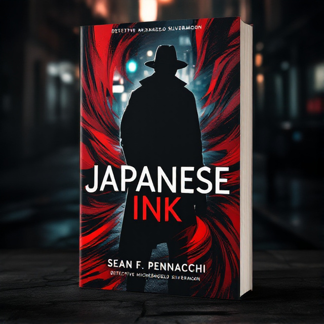 The central image showcases a silhouette of Detective Michelangelo Silvermoon, standing against a backdrop of a dimly lit city street. The image is overlaid with layers of red and black swirls, representing the dark and mysterious nature of the crime thriller genre.