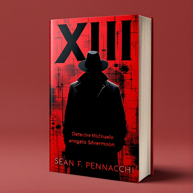 The central image showcases a bold, black silhouette of Detective Michelangelo Silvermoon against a vibrant red background. The silhouette is overlaid with a subtle grid pattern, adding depth and intrigue to the design. The title "XIII" is displayed in large, bold black letters at the top of the cover, while the author's name, Sean F. Pennacchi, is placed in smaller, elegant red font at the bottom.