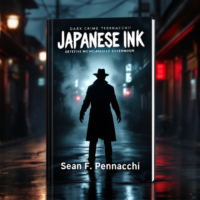 The central image showcases a silhouette of Detective Michelangelo Silvermoon, standing in the center, with shadows and smoky effects around him. The background is a dark alley in Little Tokyo, with dimly lit street lamps and red neon lights reflecting off rain-soaked pavement.