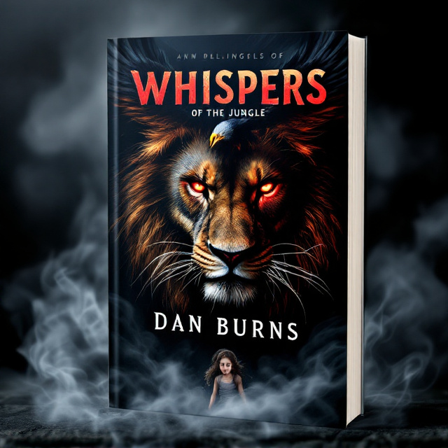 standing book mockup, Its title is "Whispers of the Jungle". Its author name is Dan Burns.  The cover features an intense scene with an angry lion at the center, its piercing red eyes capturing the viewer's attention. A bold eagle swoops towards a frightened girl, creating a sense of danger and urgency. The lion's head emits white smoke, adding an eerie atmosphere to the image. The overall style is dark and mysterious, emphasizing the jungle setting and the book's action and adventure genre. The title "Whispers of the Jungle" is bold and impactful, using a rugged, distressed font to convey a sense of danger and excitement. The author's name, Dan Burns, is placed beneath the title in a clean, contrasting font to ensure legibility., The title and author's name are positioned prominently at the top of the cover, with the image of the lion and girl taking up most of the space below. The smoke from the lion's head subtly forms the background behind the text, creating a cohesive design.