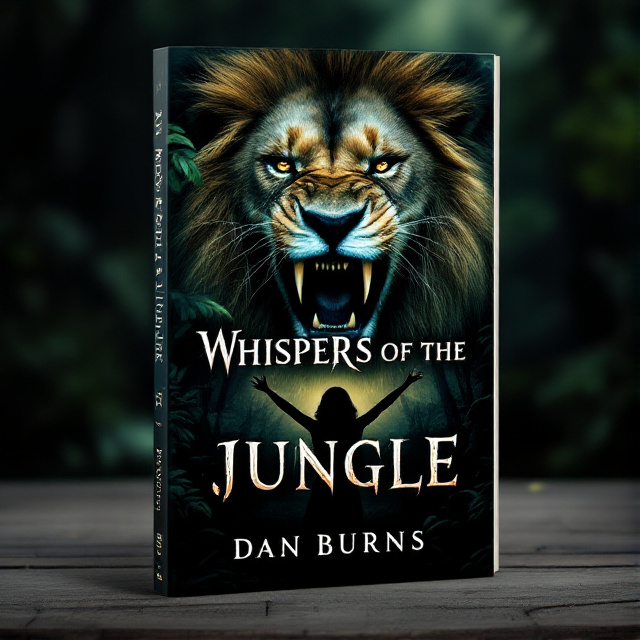 The cover features a close-up of a lion's face, with its mouth open in a menacing roar. Behind the lion, there is a silhouette of a girl, with her arms stretched wide as if in defiance. The background is filled with a dark jungle scene, with trees and foliage creating an ominous atmosphere.