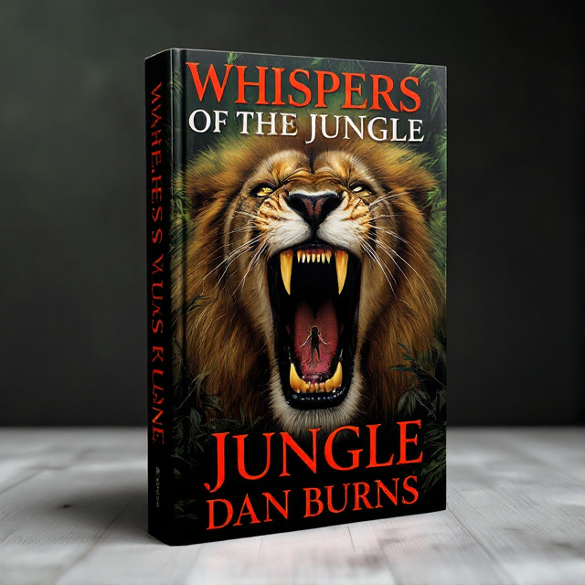 The lion's face is the main focus of the cover, taking up the center of the design. The lion is shown roaring with its mouth open wide, displaying its sharp teeth. Behind the lion, there is a silhouette of a girl running away, with her arms raised in fear. The jungle background is dark and ominous, with trees and foliage creating a sense of danger.