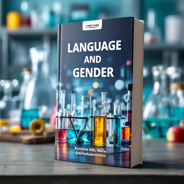 The cover features a scientific laboratory setting with various colorful test tubes and equipment. The title "LANGUAGE AND GENDER" is displayed prominently in bold, uppercase letters at the top of the cover. The author's name, "Komilova Nilufar Abdilkadimovna," is placed at the bottom, ensuring visibility but not overpowering the main title.