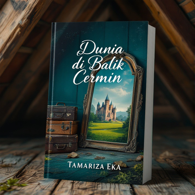 The cover features a side angle view of an old wooden attic, with a mirror leaning against suitcases. The mirror portrays a castle in a green field, and the picture shows more of the attic ceiling. The primary color of the cover is dark teal, giving it a mysterious and enchanting atmosphere.