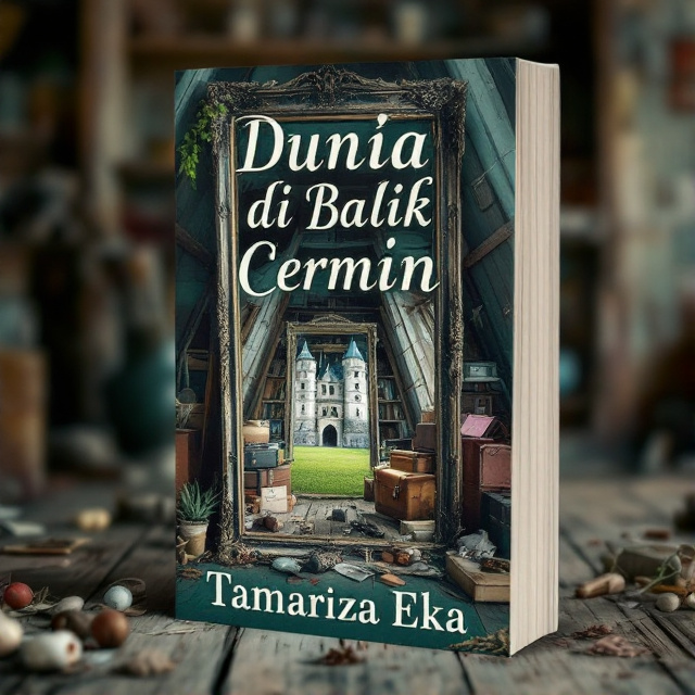 The cover features a mirror leaning against suitcases in an old wooden attic. The mirror portrays a castle in a green field, showing more of the attic ceiling. Various miscellaneous items are scattered around the scene, adding to the atmosphere of curiosity and mystery.