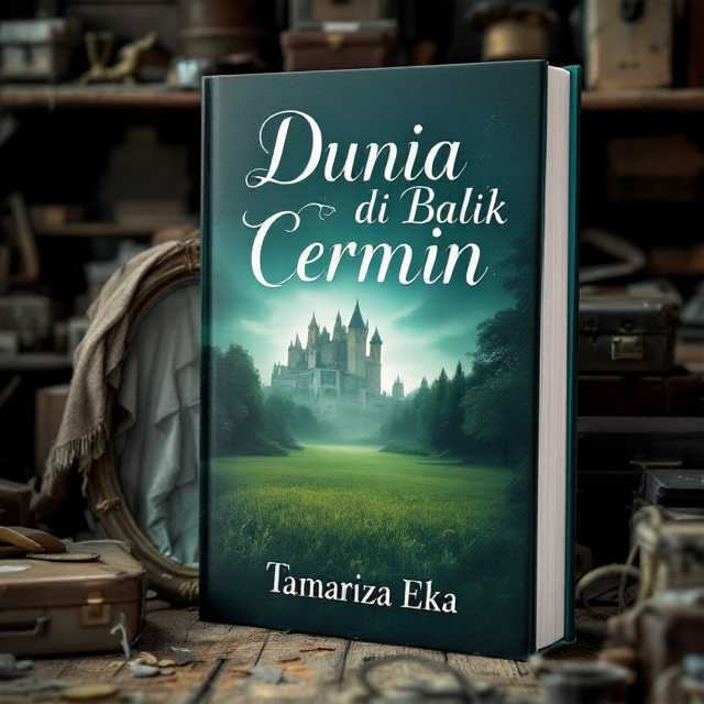 The cover features a dark teal background with a mirror leaning against old suitcases in an attic. The mirror shows a reflection of a castle in a green field, partially covered with a cloth. Miscellaneous items and boxes are scattered around the scene.