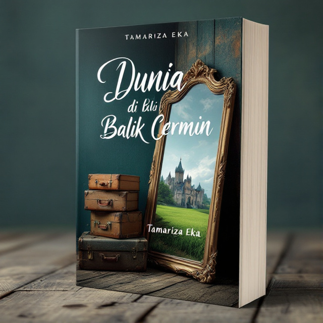 The cover features an old wooden attic with a mirror leaning against a stack of suitcases. The mirror portrays a castle in a green field, creating a sense of curiosity and fantasy. The picture is shown from a side angle view, with the mirror in gold to add a touch of elegance.