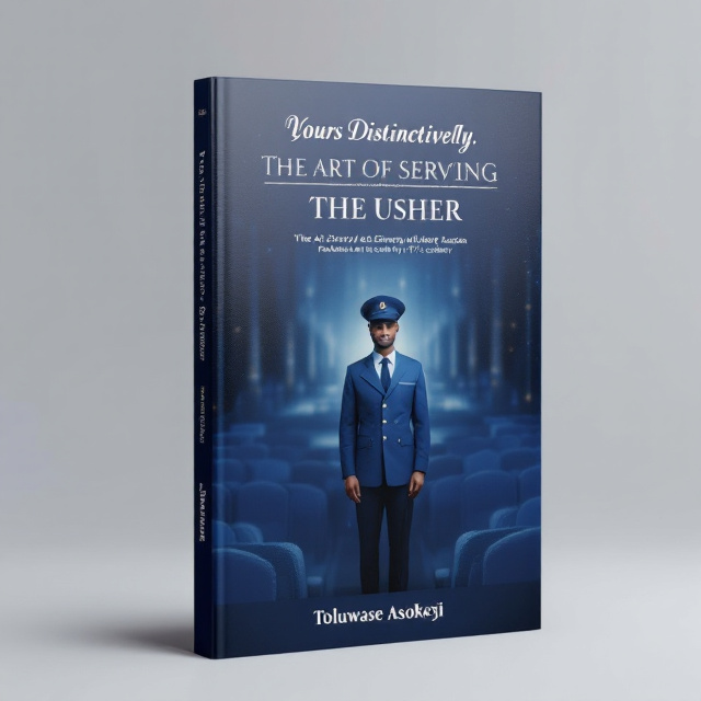 The cover features a central image of an usher in uniform, standing tall and proud. The usher is depicted in a calm blue color scheme to reflect the book's primary color preference. The image is surrounded by a subtle background pattern that symbolizes the purpose and passion of serving.