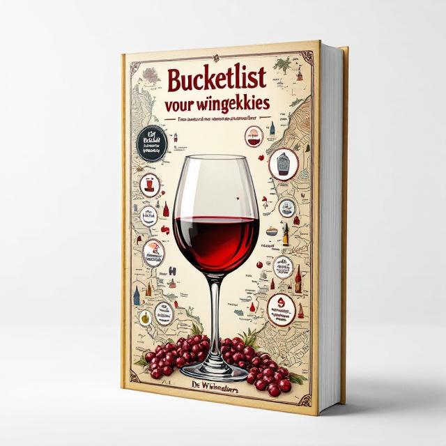 The cover features a wine glass as the central element, filled with rich Bordeaux wine. Around the glass, there is a map of vineyards and wine regions, symbolizing the adventurous aspect of the book. On top of the glass, there are challenge badges representing the specific tasks for wine lovers.