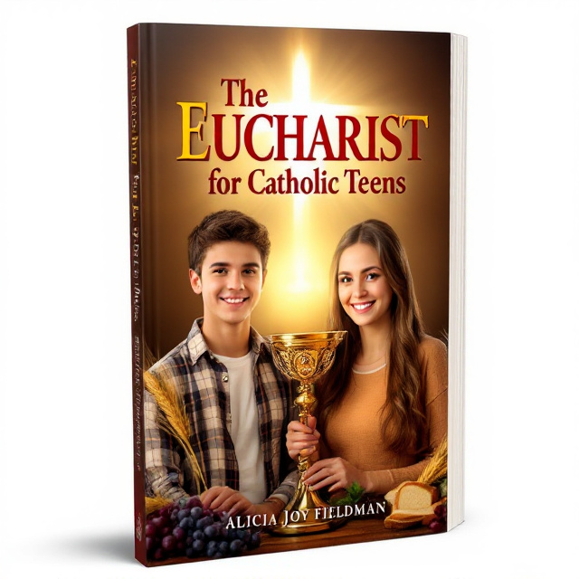 The cover features a smiling teen boy and a smiling teen girl standing next to each other. The background showcases a glowing monstrance, symbolizing the Eucharist. An ear of wheat and grapes are placed around the teens, representing the bread and wine used in the sacrament.