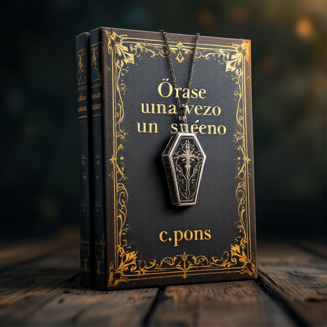 The cover features two books placed close together, symbolizing the world of stories and dreams. In the center, there is a silver pendant shaped like a coffin, representing intrigue and mystery. The overall style is magical and enchanting.