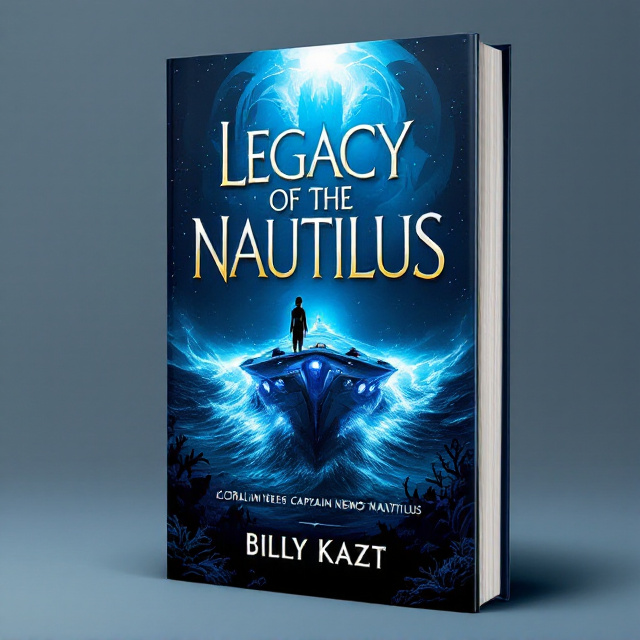 The cover features a deep, dark ocean blue backdrop, transitioning into lighter blues and turquoise near the surface. Coral's futuristic ship is depicted cutting through the waves, emitting a soft blue glow. Coral stands on the deck, dressed in a stylish explorer's outfit, gazing towards the horizon. The lower part of the cover reveals shadowy figures of marine creatures and hints at coral reefs. The ghostly image of Captain Nemo's Nautilus can be seen in the deep ocean behind Coral's ship.