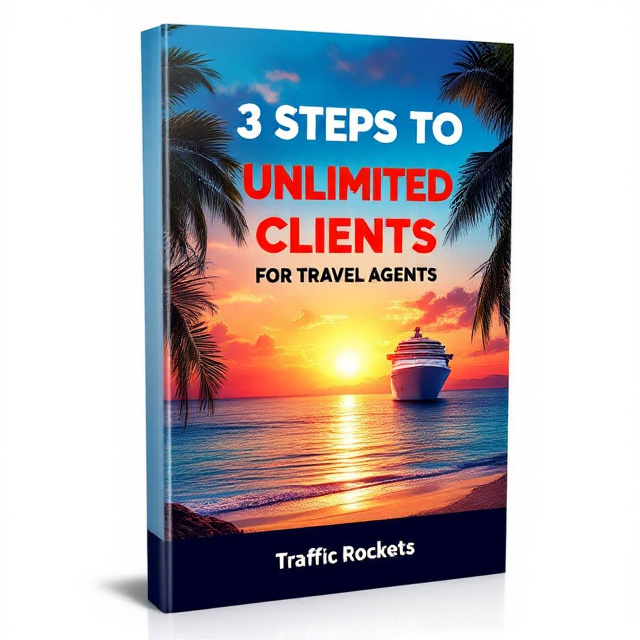 The cover features a vibrant sunset over a tropical beach, with a silhouette of a cruise ship in the distance. The image is framed by palm trees on both sides, creating a tropical and inviting atmosphere.