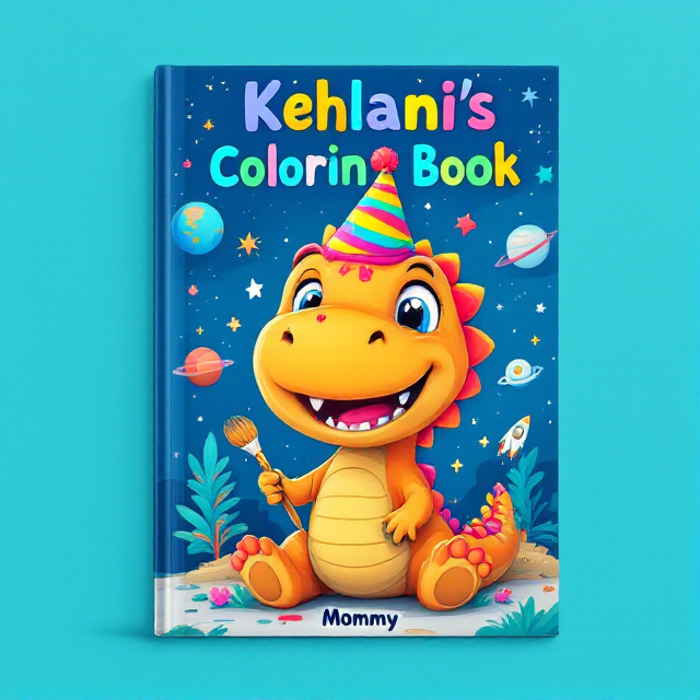 The cover features a vibrant blue background with a whimsical space scene, complete with planets, stars, and a rocket ship. In the foreground, there is a friendly, cartoon-style dinosaur wearing a colorful party hat. The dinosaur is holding a paintbrush, as a nod to the coloring aspect of the book.