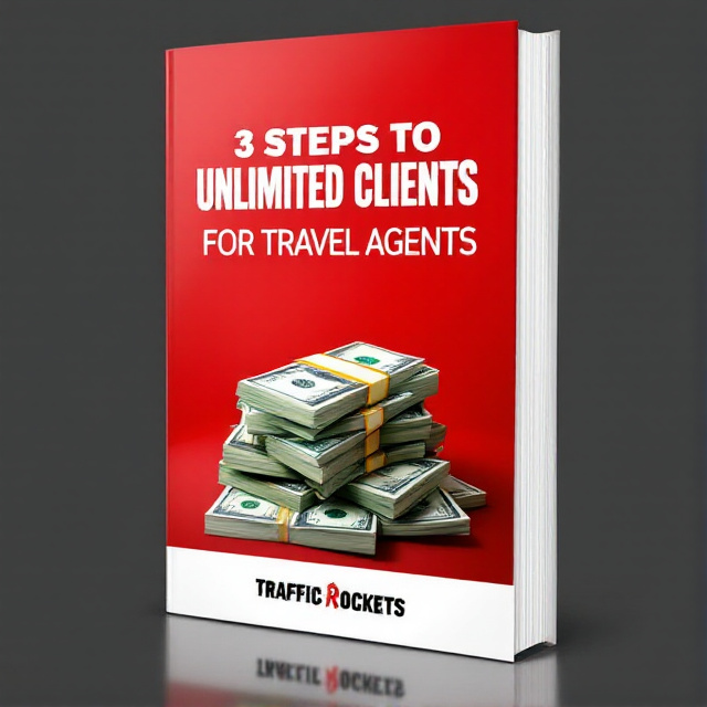 The cover features a vibrant red background with a stack of dollars in the center, symbolizing wealth and success. The title "3 Steps To Unlimited Clients for Travel Agents" is written in bold white font, standing out against the red background. The author name "Traffic Rockets" is placed at the bottom in black font, adding a touch of professionalism to the design.