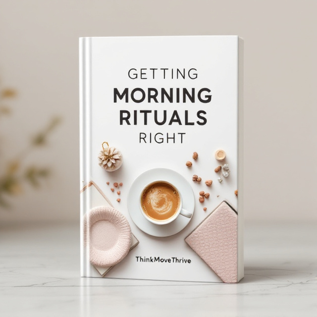 The cover features a clean and minimalistic design with a soft color palette. The main element is a cup of steaming coffee, symbolizing the start of the morning ritual. Around the cup, there are various items such as a book, a meditation cushion, and a journal, representing different activities that can be included in a morning routine.