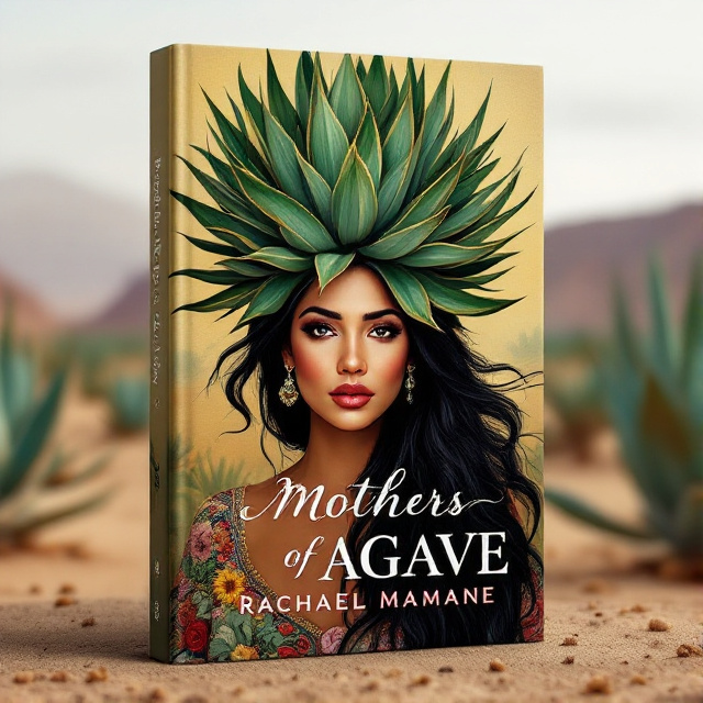 The cover features a Mexican woman's head with flowing black hair. The head is crowned by a large agave plant with vibrant green leaves. The woman's face exudes energy, trust, confidence, and seriousness. The background is a desert landscape with scattered agave plants, symbolizing their importance in Mexican culture and cuisine.