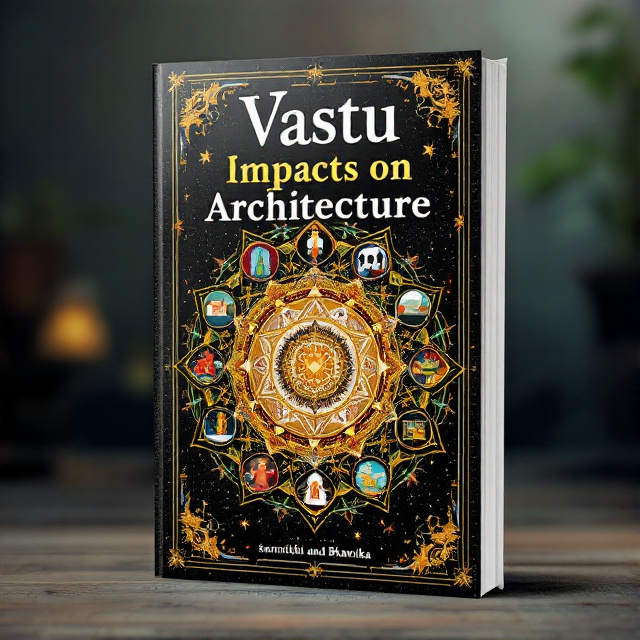 The cover features a central image of a traditional Vastu Purush Mandala with intricate architectural details. Surrounding the mandala are vibrant illustrations of the 16 directions, each representing a different aspect of architecture. The overall design is visually captivating and evokes a sense of knowledge and intrigue.