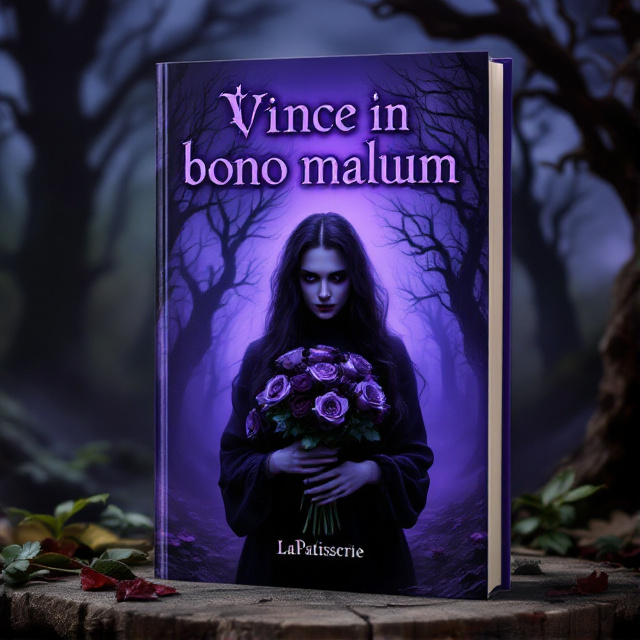 The cover features a mysterious woman in the foreground, surrounded by a violet fog. The woman is holding a bouquet of roses, which are wilting and turning black. The background showcases a dark and eerie forest with twisted trees and an ominous sky.