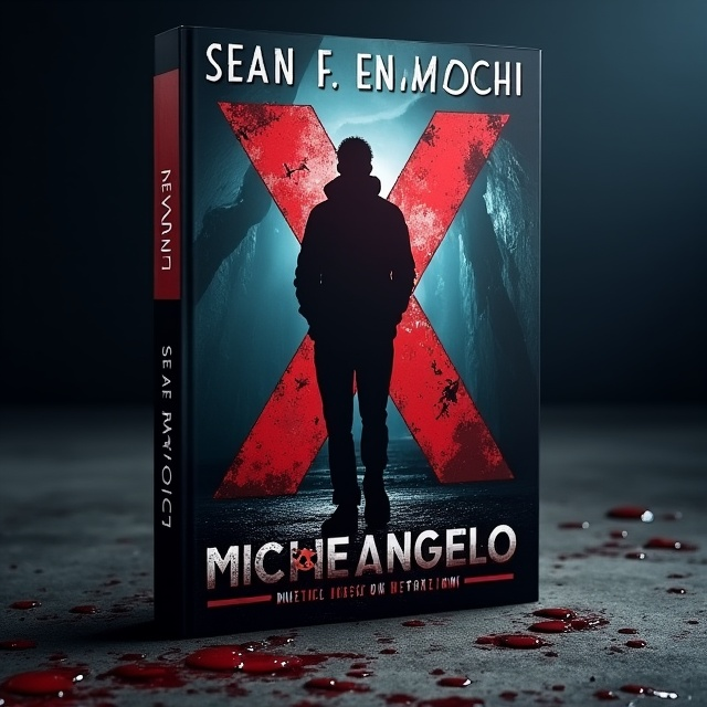 The central image showcases a silhouette of Detective Michelangelo Silvermoon standing in a crime scene. The silhouette is surrounded by darkness and mysterious shadows, with blood splatter patterns on the floor. The overall tone is dark and intense, representing the dark crime thriller genre.