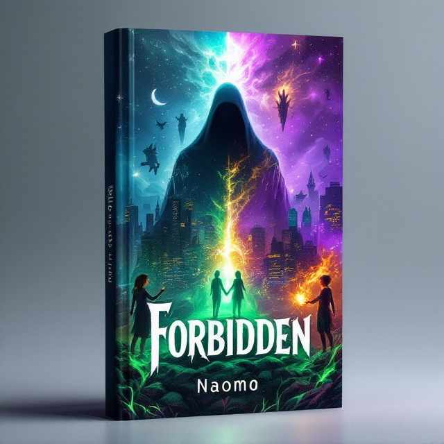 The book cover showcases a world split in two on the left side, a modern cityscape with a fracturing sky, and on the right side, a fantastical realm with floating structures and a purple, star-strewn sky. At the center, a brown haired teenage girl and a brown haired teenage boy stand back-to-back, wielding time distortion and fire respectively. Above them, a salt and pepper middle-aged man with an evil ghostly face watches over both realms, while green void energy creeps in from below. The title, rendered in partially warped text, spans the top.