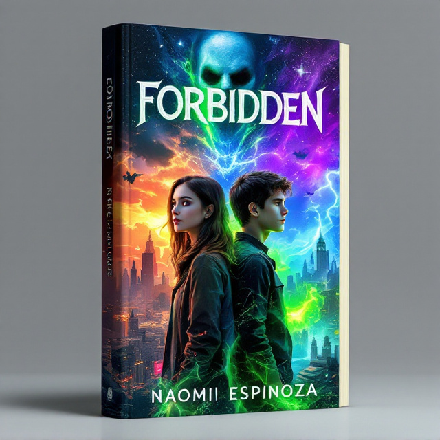 The cover features a split-screen composition, with a modern cityscape on the left and a fantastical realm on the right. The cityscape shows a fracturing sky, depicting the impending destruction. In contrast, the fantastical realm exhibits floating structures and a vibrant purple, star-strewn sky. At the center, a brown-haired teenage girl and a brown-haired teenage boy stand back-to-back, representing the main characters. Above them, a salt and pepper middle-aged man with an evil ghostly face watches over both realms, symbolizing the antagonist. Green void energy creeps in from below, hinting at the conflict between the two worlds.