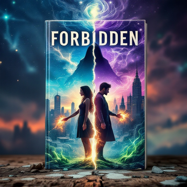 The book cover depicts a world torn asunder, split vertically into two contrasting realms. On the left, a modern cityscape stretches towards a blue sky webbed with fractures. On the right, a fantastical landscape of impossible structures floats beneath a swirling purple firmament dotted with alien stars. At the center, where these realities collide, stand Everly and Ash, back-to-back. Everly's outstretched hands warp the very air around her, while flames dance along Ash's arms. Above them looms an evil shadowy figure Creeping in from the bottom corners, tendrils of sickly green void energy threaten to consume all.