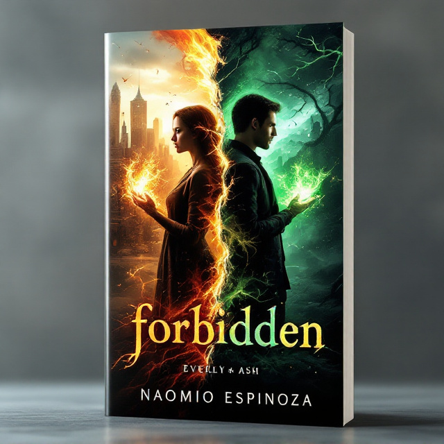 The cover features a split-screen design, with a modern cityscape on the left and a fantastical landscape on the right. The two realms are divided by a vertical fracture, symbolizing the destruction. Everly and Ash, the main characters, are positioned back-to-back at the center. Everly's hands emit waves of distorted air, while flames engulf Ash's arms. A shadowy evil figure creeps in from the bottom corners, and tendrils of sickly green void energy threaten to consume all.