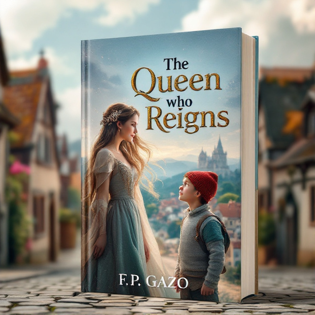 The cover features a soft pastel landscape of a medieval town with cobblestone streets in the foreground. In the center, the Queen is depicted in her simple yet elegant gown, her hair flowing gently. Beside her, a peasant boy in a red beanie and grey sweater with green sleeves looks up to her with admiration. Ethereal light surrounds the Queen, symbolizing her aura, while the town appears lively and serene.