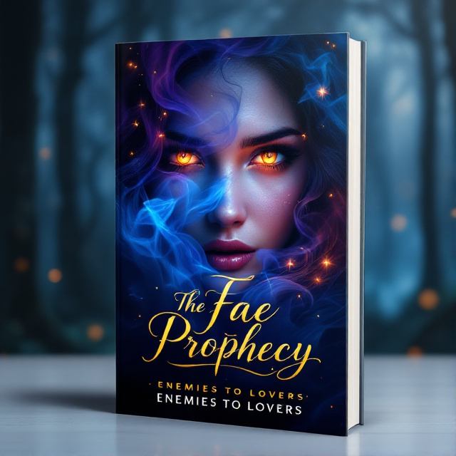 The cover features a close-up image of a woman's face, partially veiled in blue and purple smoke. Her eyes have a fiery glow, representing the mysterious and magical element of the story. The background is a dark forest with hints of glowing fireflies, adding to the enchanting ambiance.