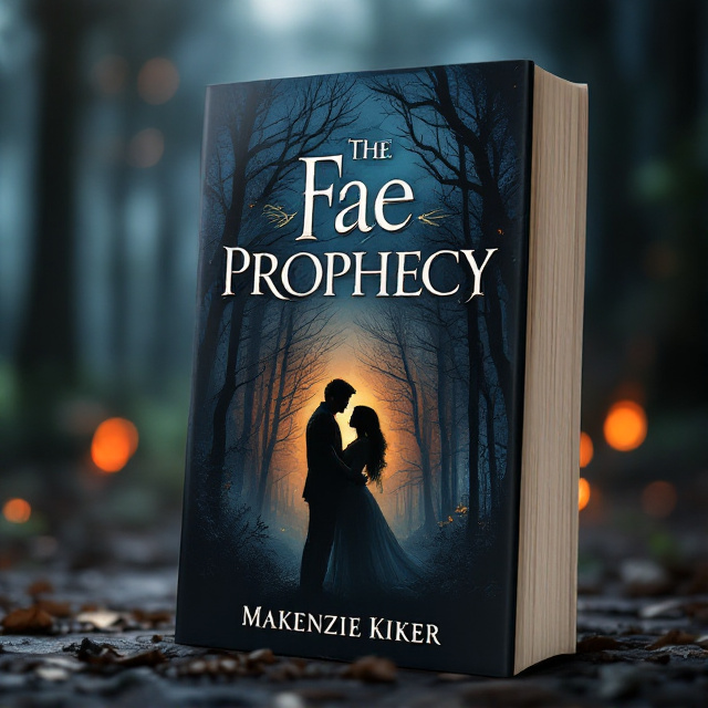 A dark and mysterious forest with a faint glow of fire in the background. In the foreground, a silhouette of a couple standing close to each other, conveying a sense of romance and intimacy.