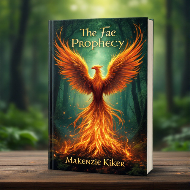 The cover features a lush forest setting with vibrant green trees and a hint of magical mist. In the center, a majestic phoenix rises from a bed of flames, its wings spread wide. The fire glows with intense shades of red, orange, and yellow, creating a captivating focal point.