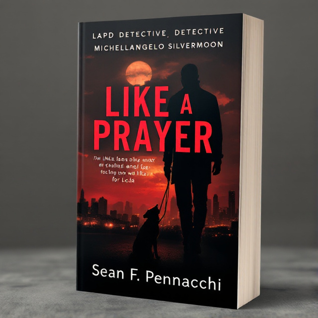 The central image showcases a silhouette of LAPD Detective Michelangelo Silvermoon walking his dog Lola, with the Los Angeles skyline in the background. The image is dark and mysterious, with a hint of religiosity.