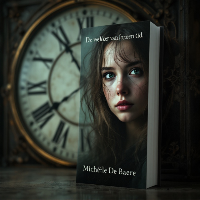 A close-up of a mysterious girl, around 15 years old, standing in front of a vintage clock. The girl is slightly out of focus, adding to the mysterious atmosphere. The clock is the focal point of the composition, with intricate details and an antique feel.