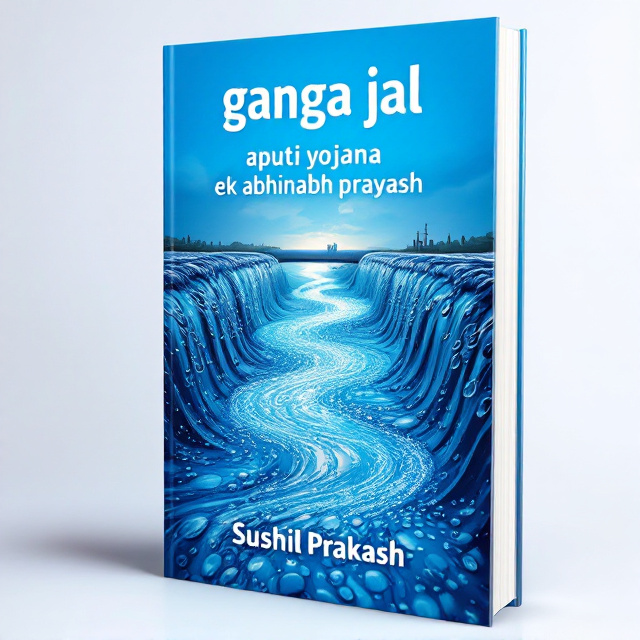 The cover features a vibrant blue background with a central focus on a flowing river made up of water droplets. The river flows from a treatment plant, represented by a pipe, into a pump house, and finally into a reservoir. The imagery symbolizes the journey of Ganga water through a pipeline and showcases the essence of the book.