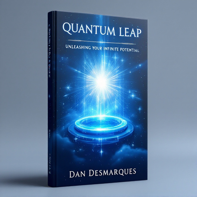 The central composition of the book cover features a quantum portal bathed in a celestial light, suspended in a dreamy, dark-blue background. The overall design is rendered in Unreal Engine 5 with Octane render technology, giving it a vivid and cinematic quality.
