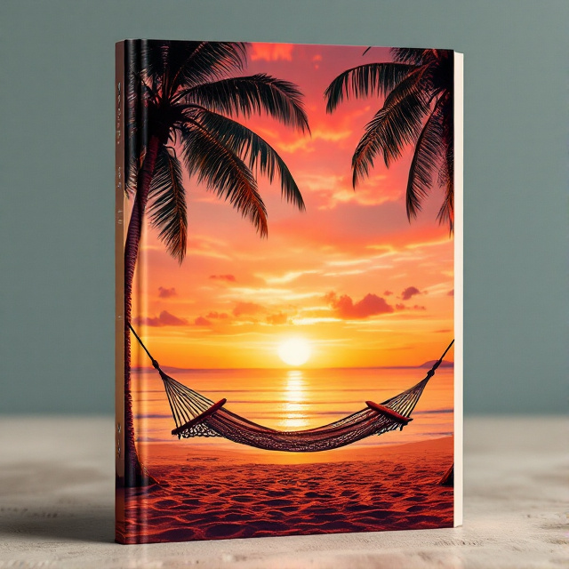 The cover features a stunning sunset scene with warm hues of orange and pink filling the sky. In the foreground, there is a comfortable-looking hammock suspended between two palm trees. The edges of the cover have a small pattern, reminiscent of sand ripples, adding a touch of texture and depth.