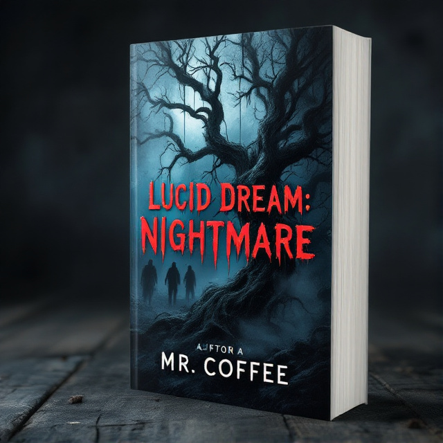 The cover features a close-up image of a dark, twisted tree branch. Surrounding the branch are ethereal wisps of fog and shadowy figures lurking in the background. The title, "Lucid Dream Nightmare," is placed in bold, blood-red typography in the center of the cover. The author's name, "Mr. Coffee," is written in a chilling, dripping font at the bottom of the cover.