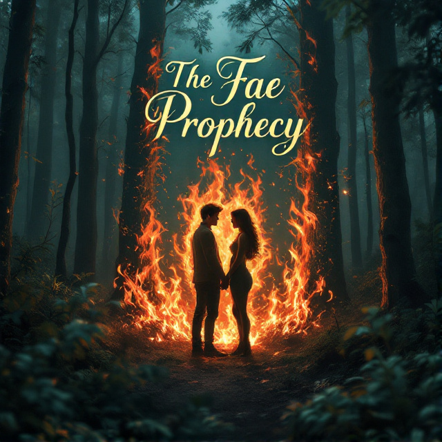 The cover depicts a lush, enchanted forest with tall trees and vibrant foliage. In the center, a young couple stands, their bodies partially engulfed in flickering flames. The fire radiates warmth and intensity, representing the passionate romance in the book.